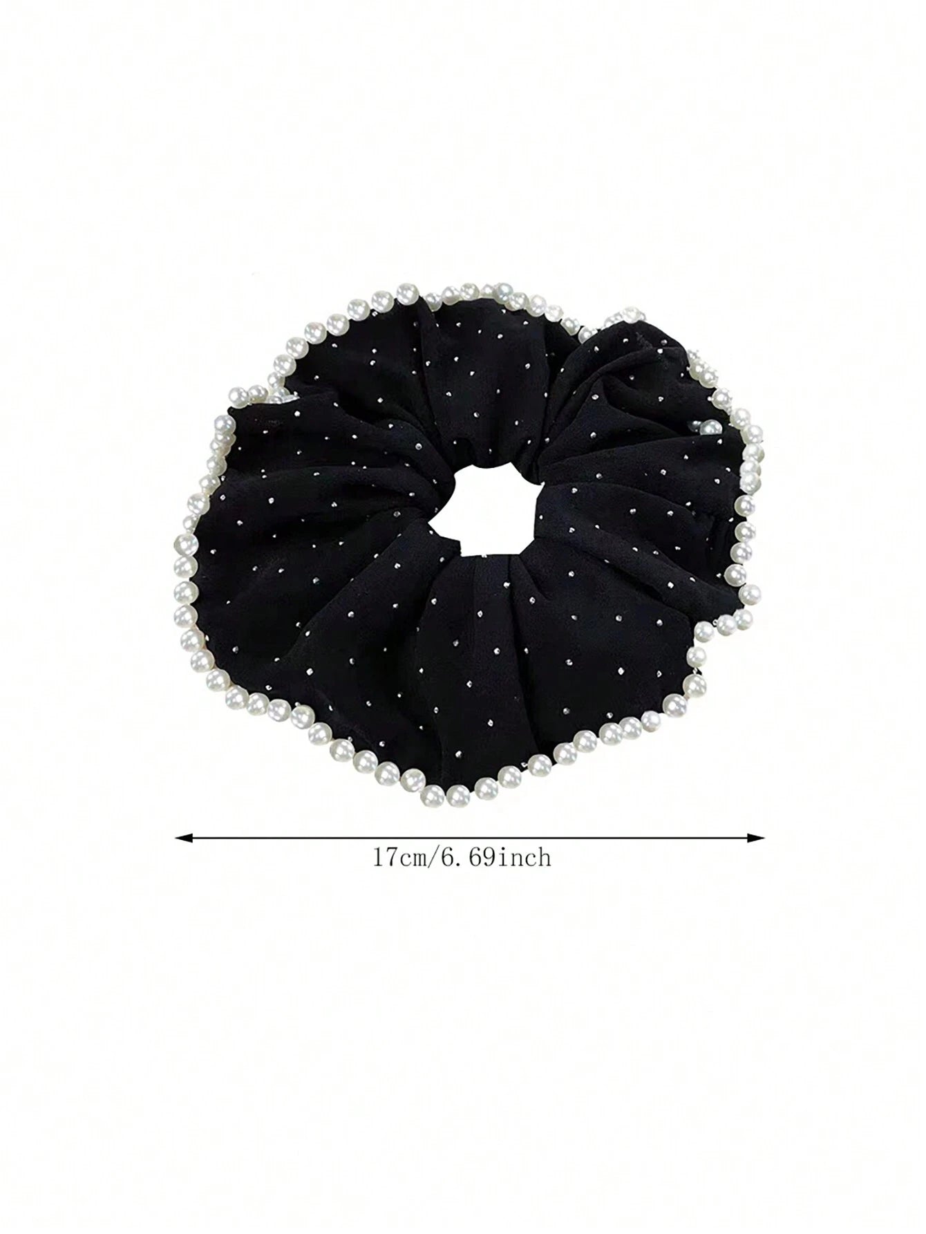 Large Black Scrunchie Hair Elastic with White Beads