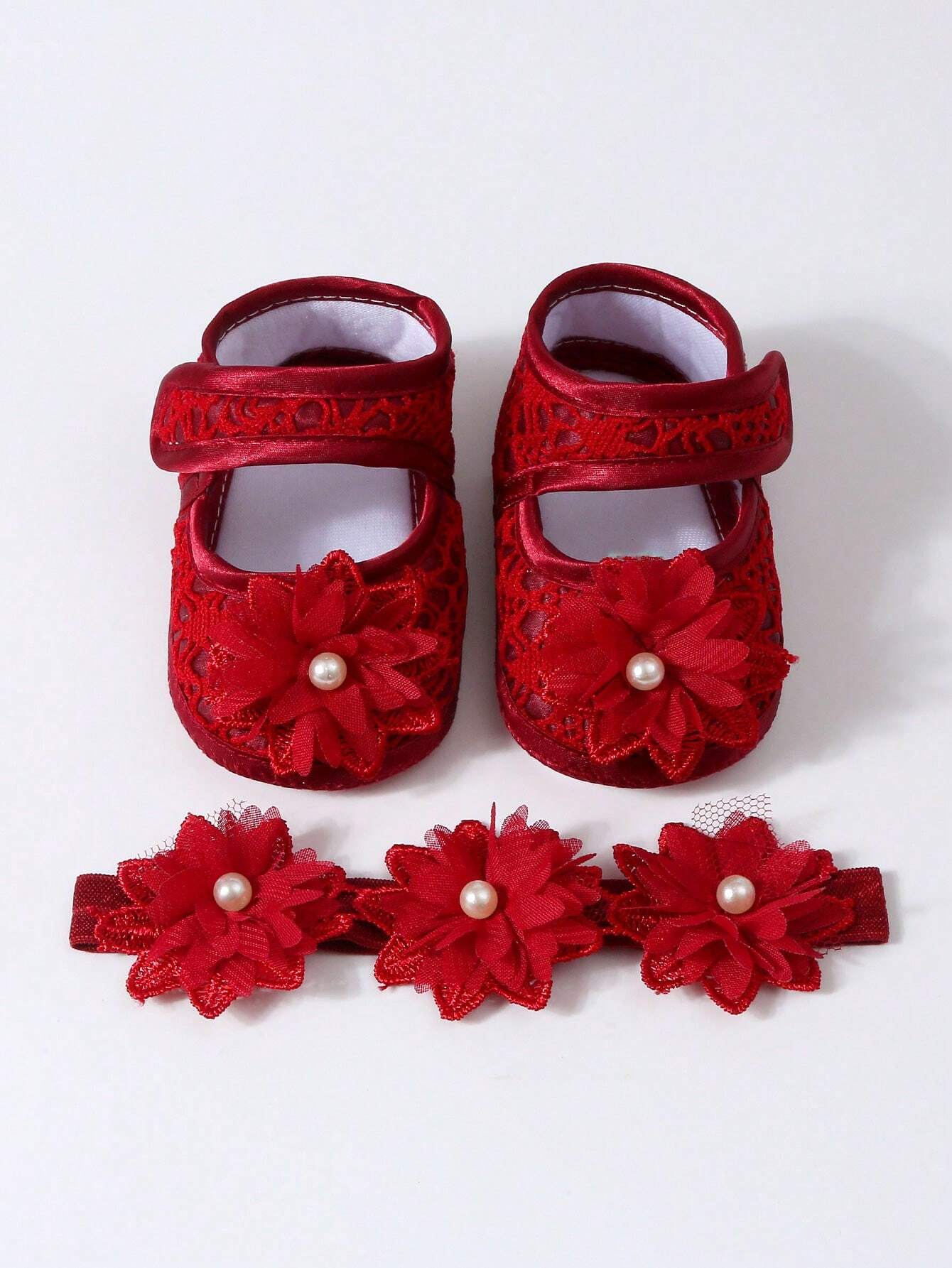  Baby Hårbånd & Sko med Blomster - i Mørk Rød 