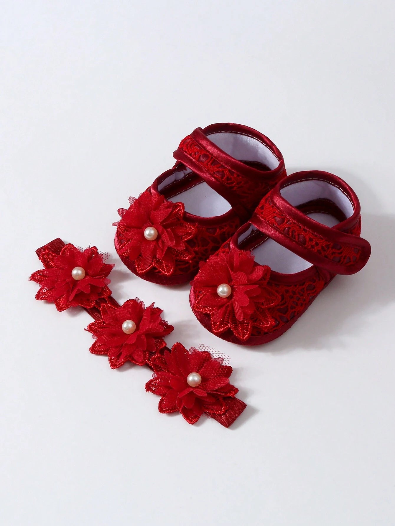  Baby Hårbånd & Sko med Blomster - i Mørk Rød 