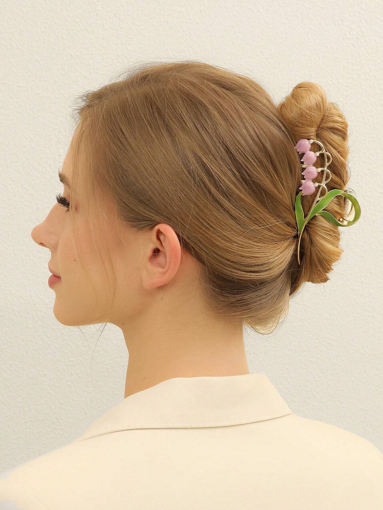 Golden Hair Clip with Pink Bluebells