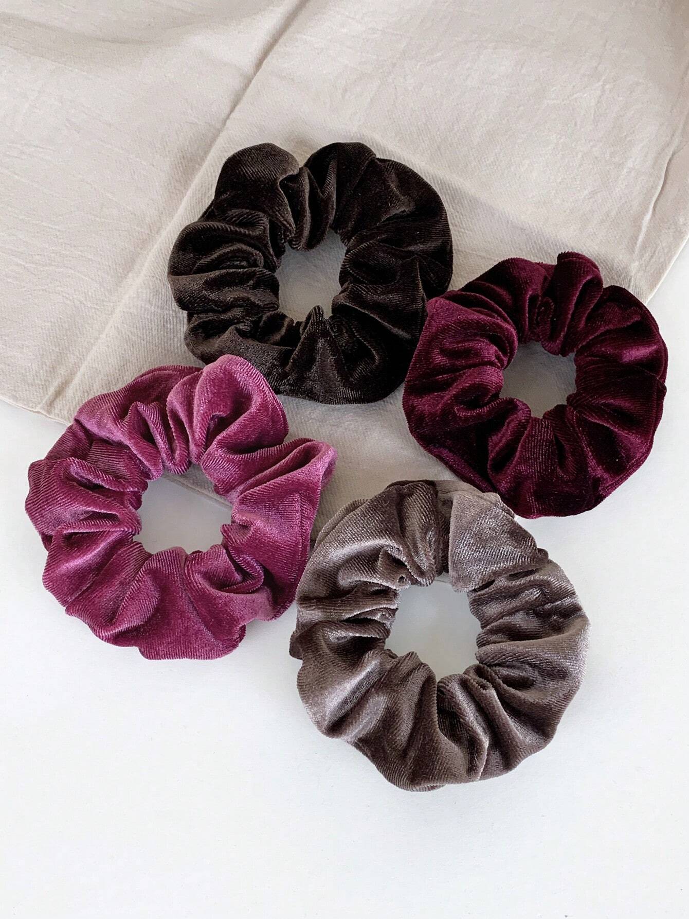 4 Stk Store Velour Hårelastikker - i Brun & Rosa Farver