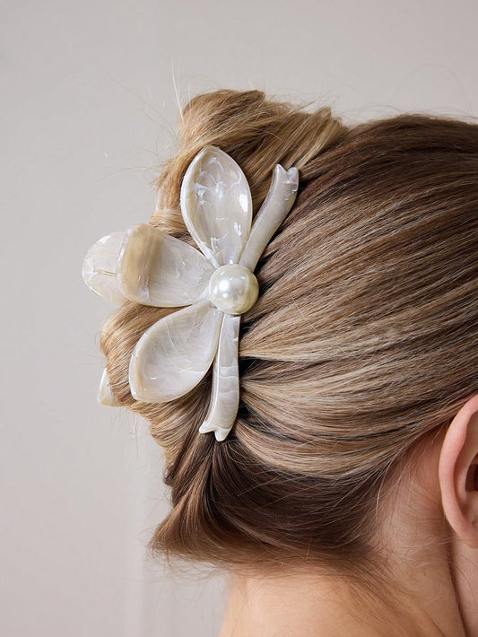 Beige Hårklemme med Blomst & Perle