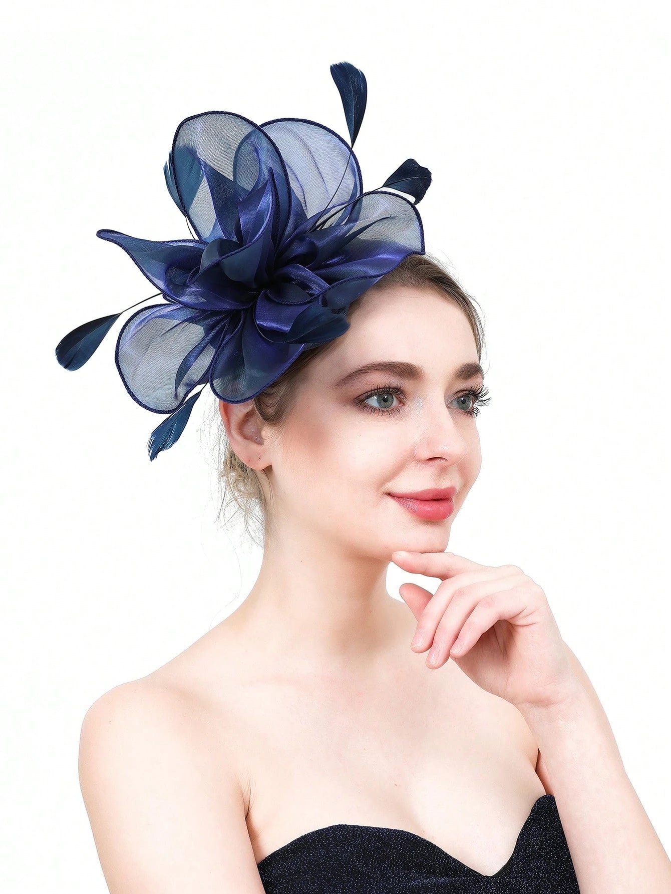 Blå Fascinator Hårpynt (Hat) med Satin-Blomst & Fjer