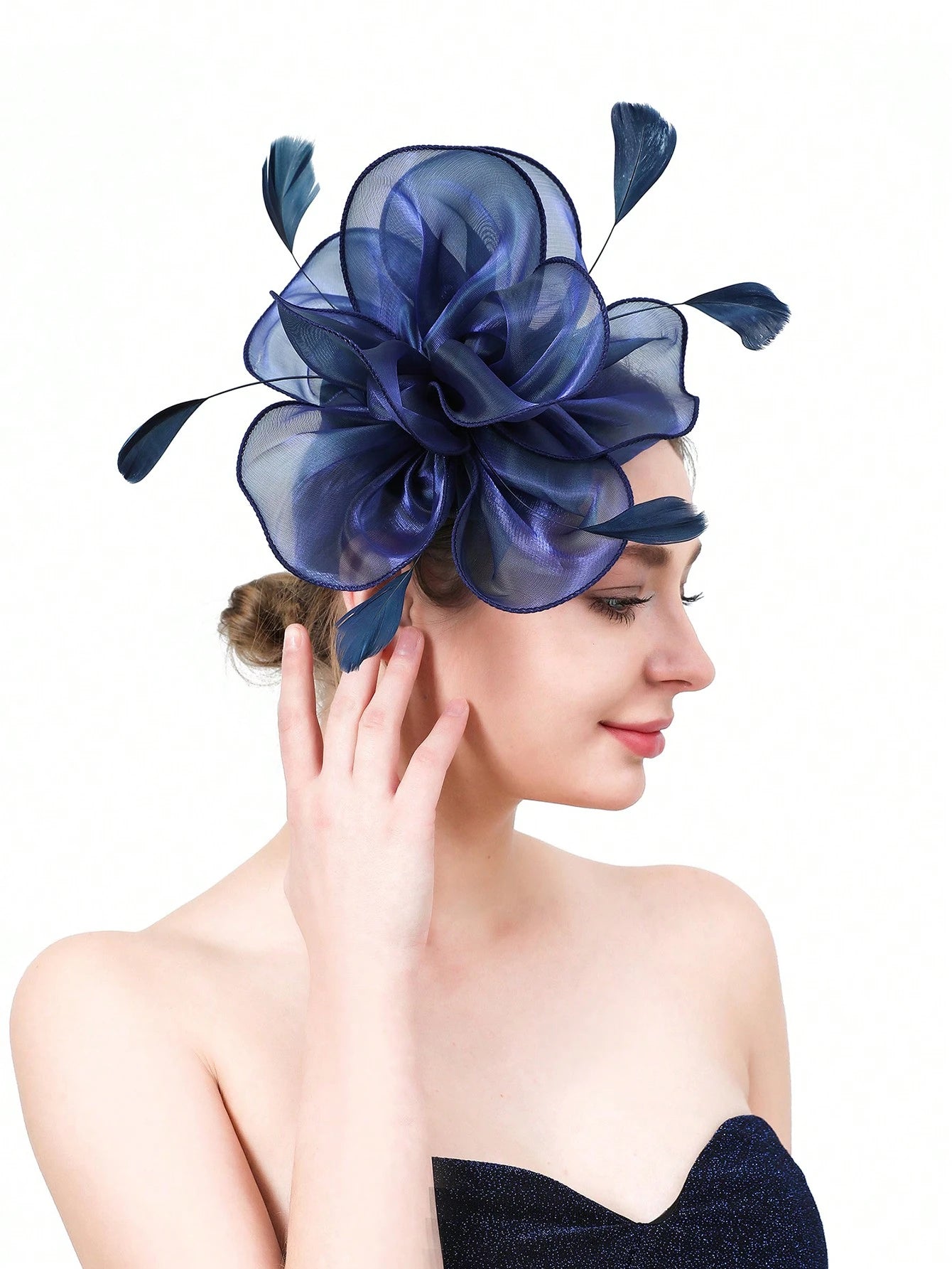 Blå Fascinator Hårpynt (Hat) med Satin-Blomst & Fjer