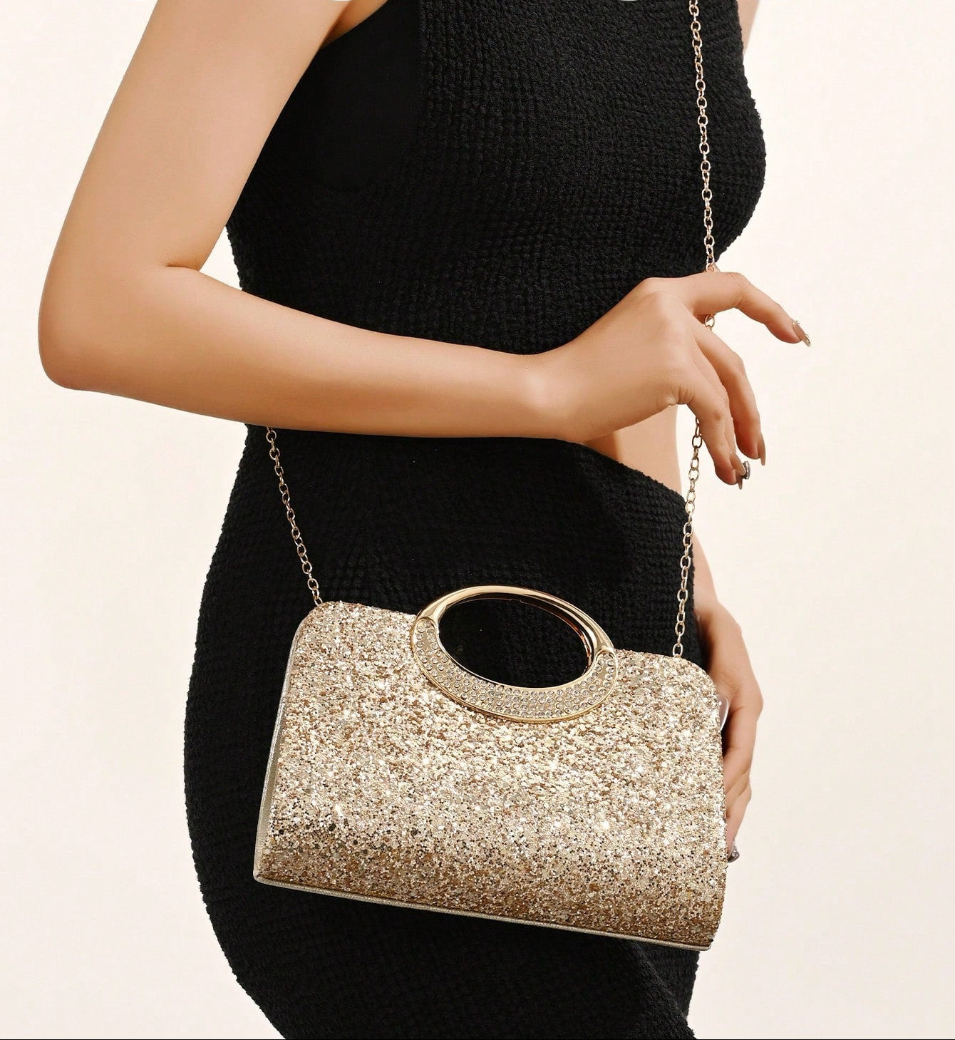 Clutch Taske i Guld Glitter - med Håndtag & Skulderrem