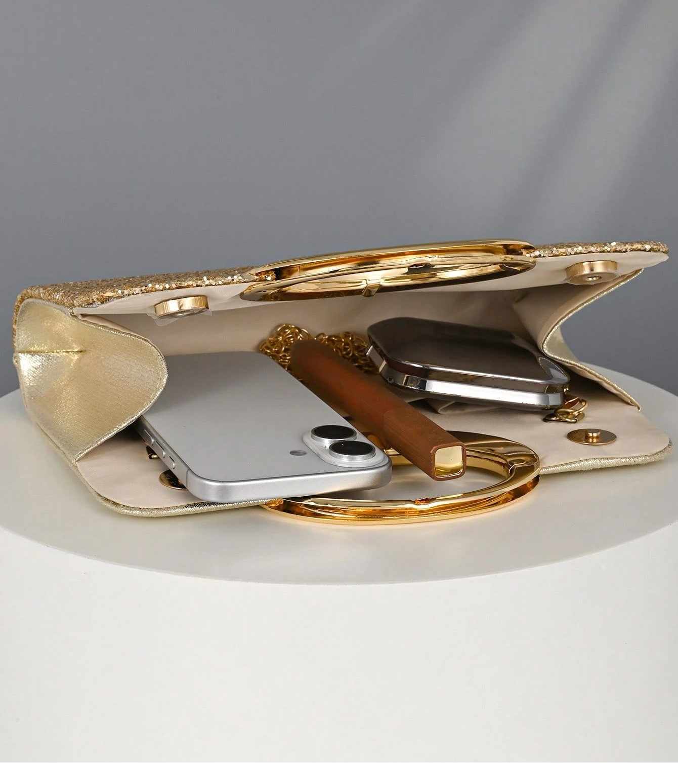 Clutch Taske i Guld Glitter - med Håndtag & Skulderrem