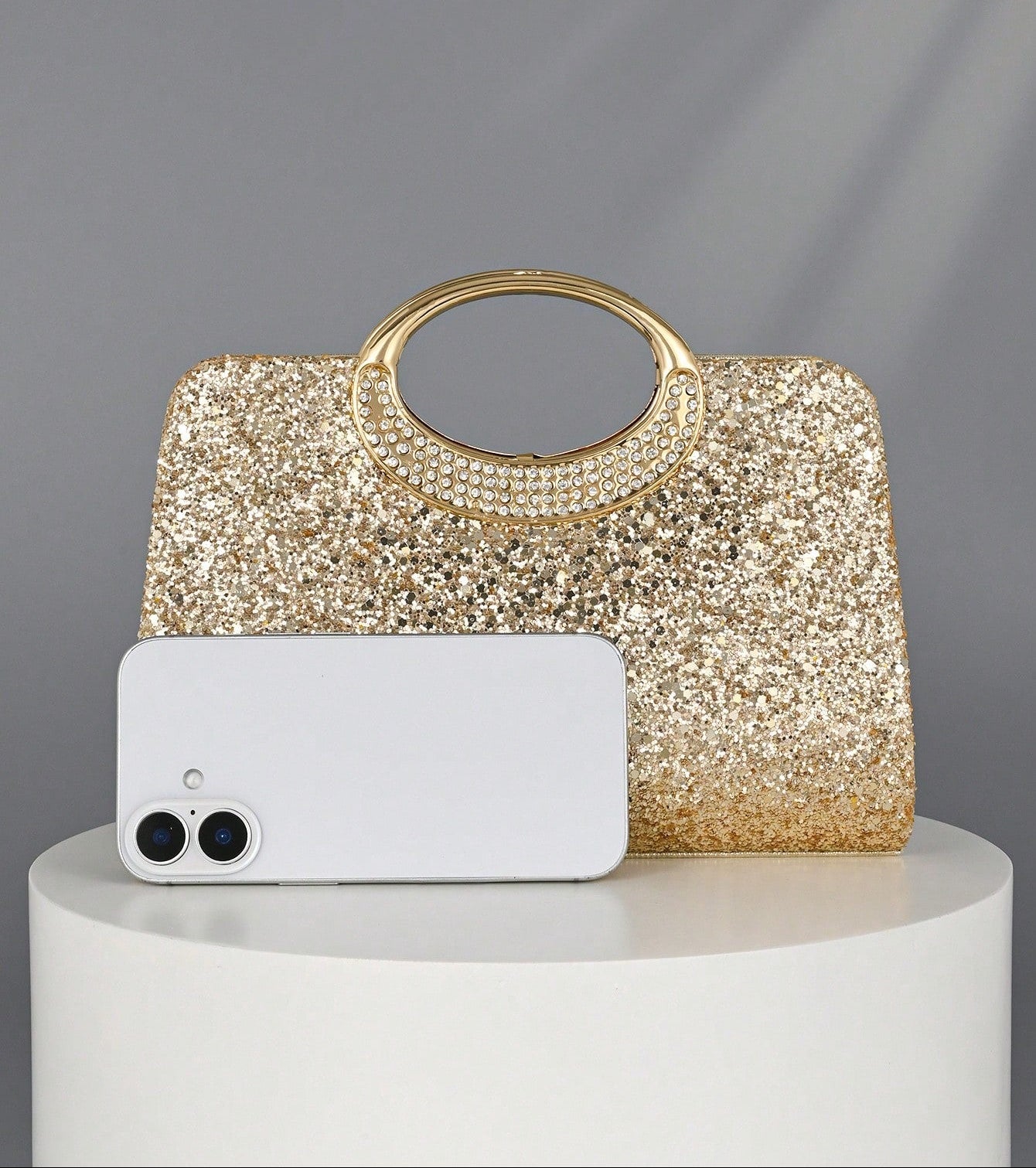 Clutch Taske i Guld Glitter - med Håndtag & Skulderrem