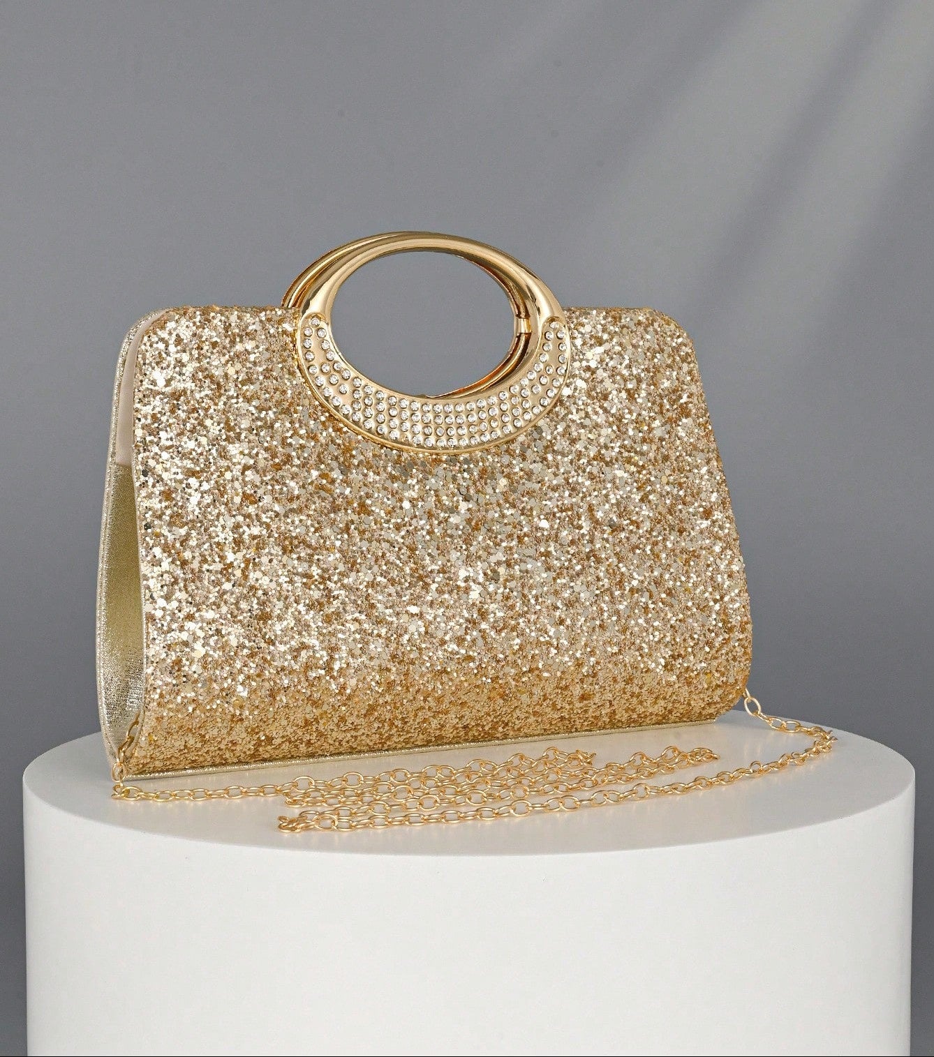 Clutch Taske i Guld Glitter - med Håndtag & Skulderrem