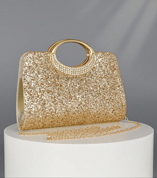 Clutch Taske i Guld Glitter - med Håndtag & Skulderrem