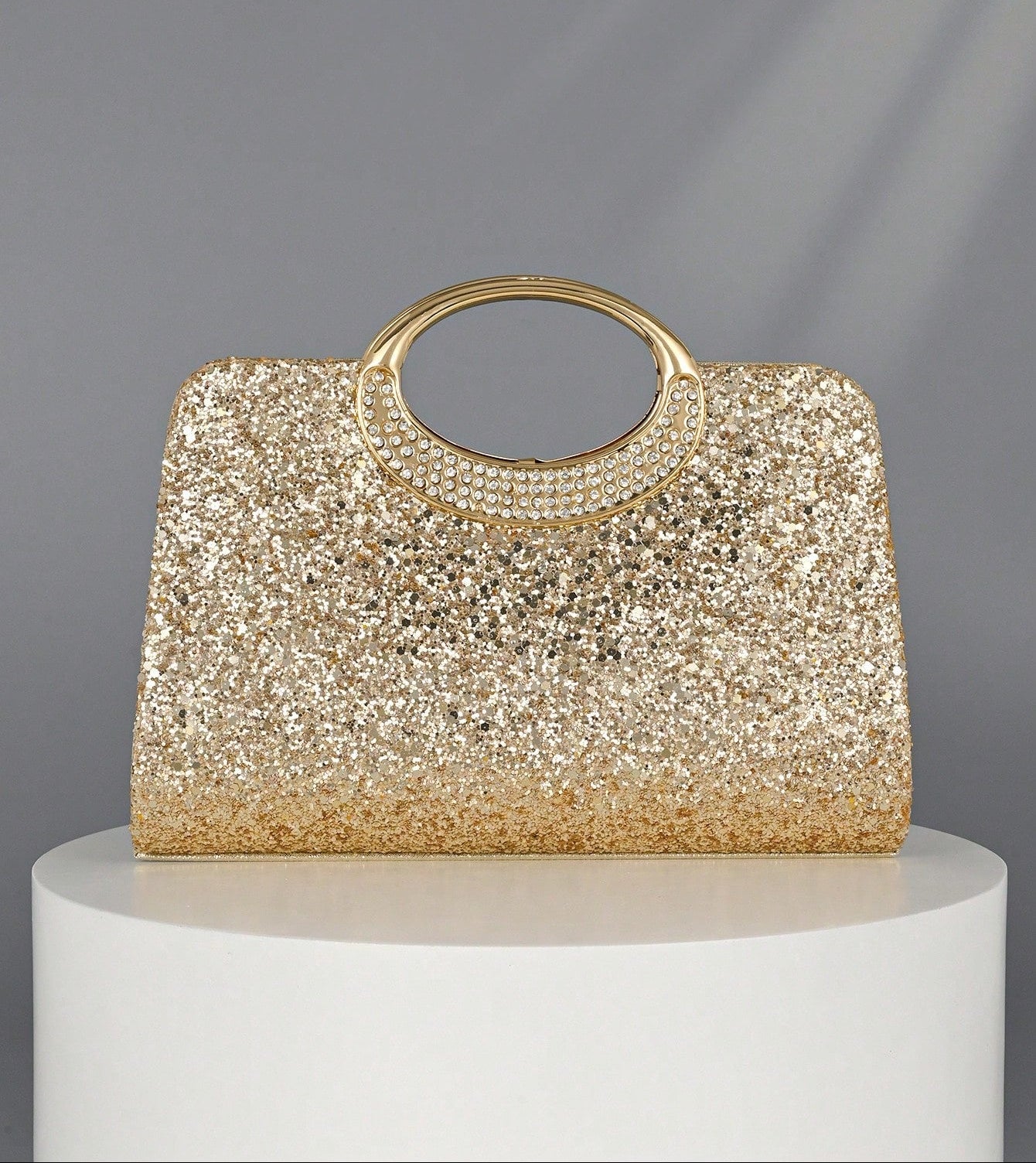 Clutch Taske i Guld Glitter - med Håndtag & Skulderrem