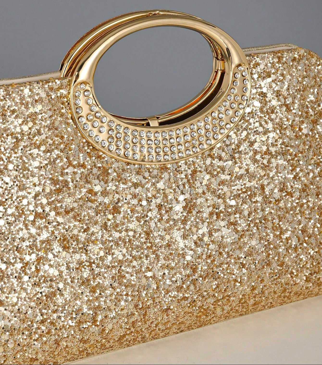 Clutch Taske i Guld Glitter - med Håndtag & Skulderrem