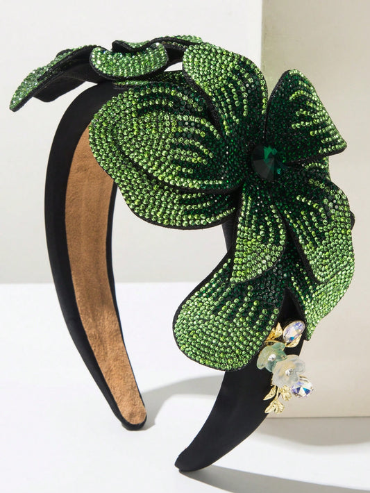 Sort Polstret Hårbøjle med Store Grønne Perleblomster