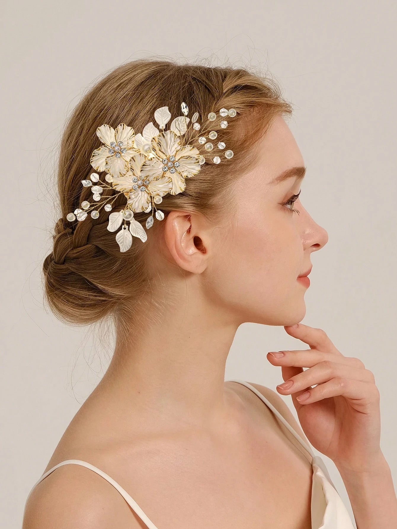Hair Ornament with White Flowers, Leaves & Pearls