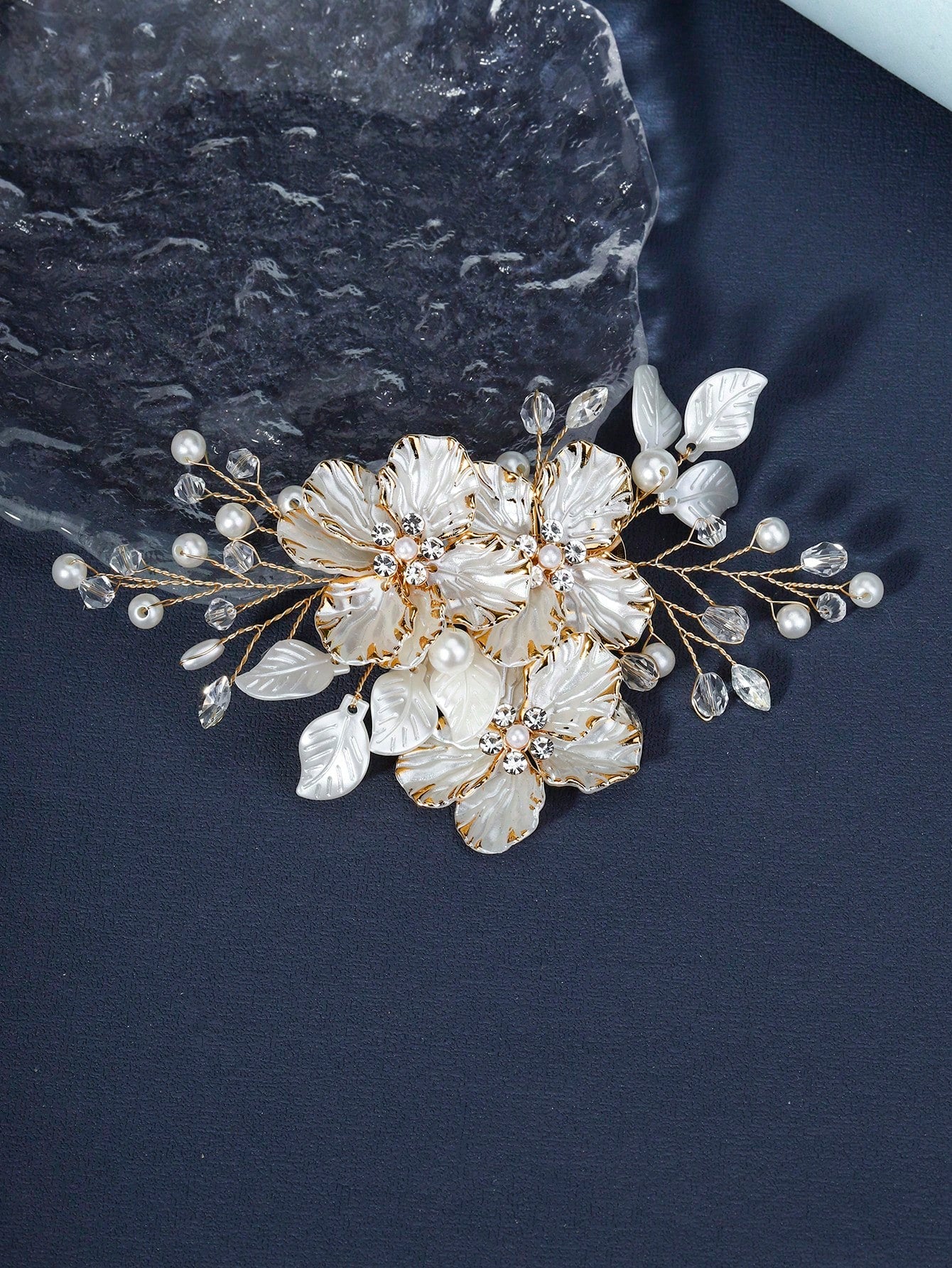 Hair Ornament with White Flowers, Leaves & Pearls