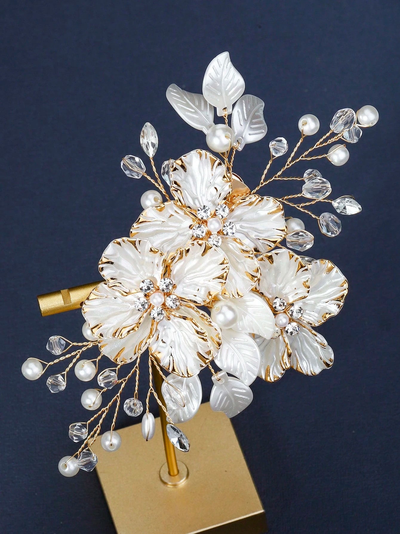 Hair Ornament with White Flowers, Leaves & Pearls
