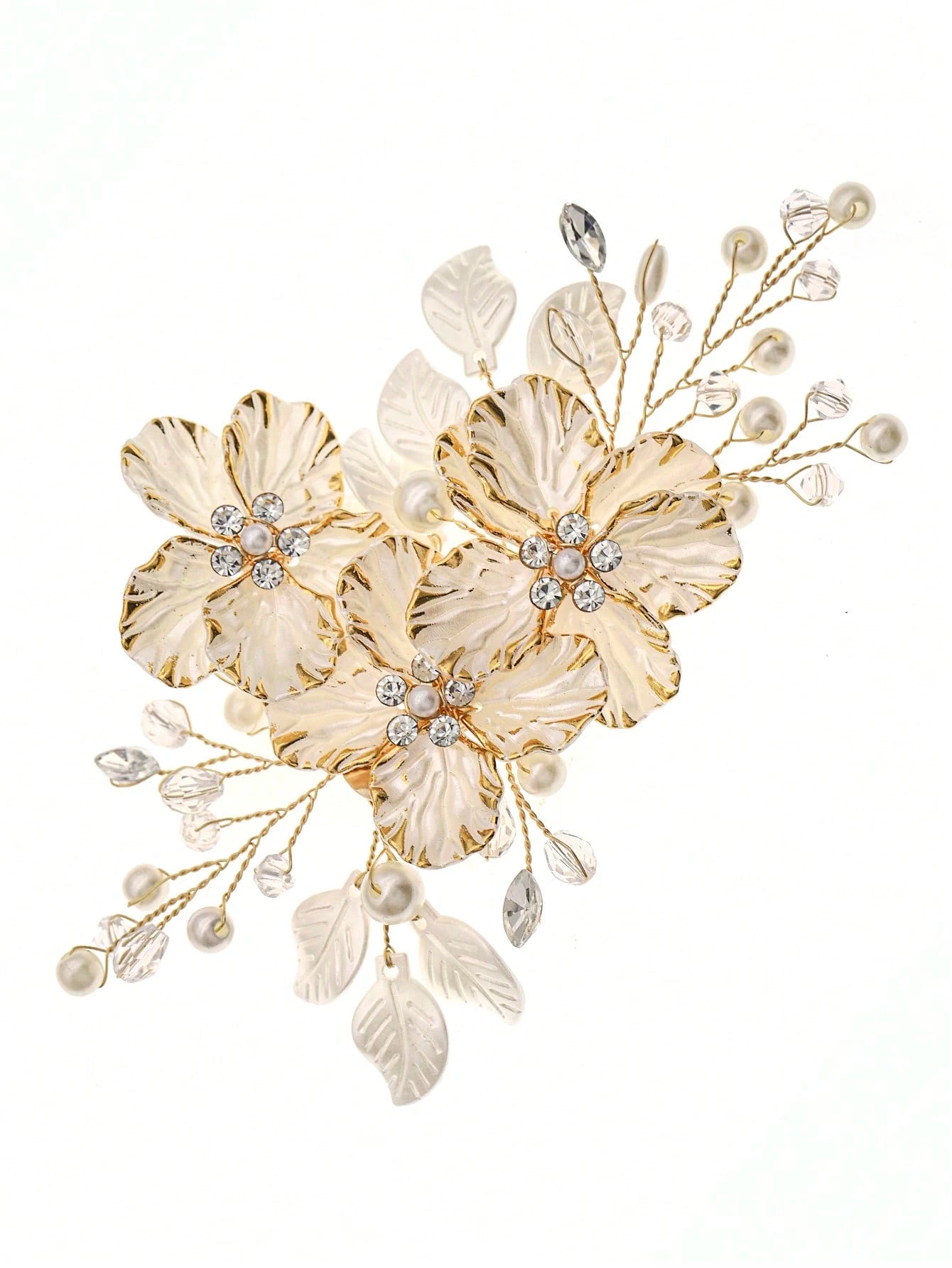 Hair Ornament with White Flowers, Leaves & Pearls