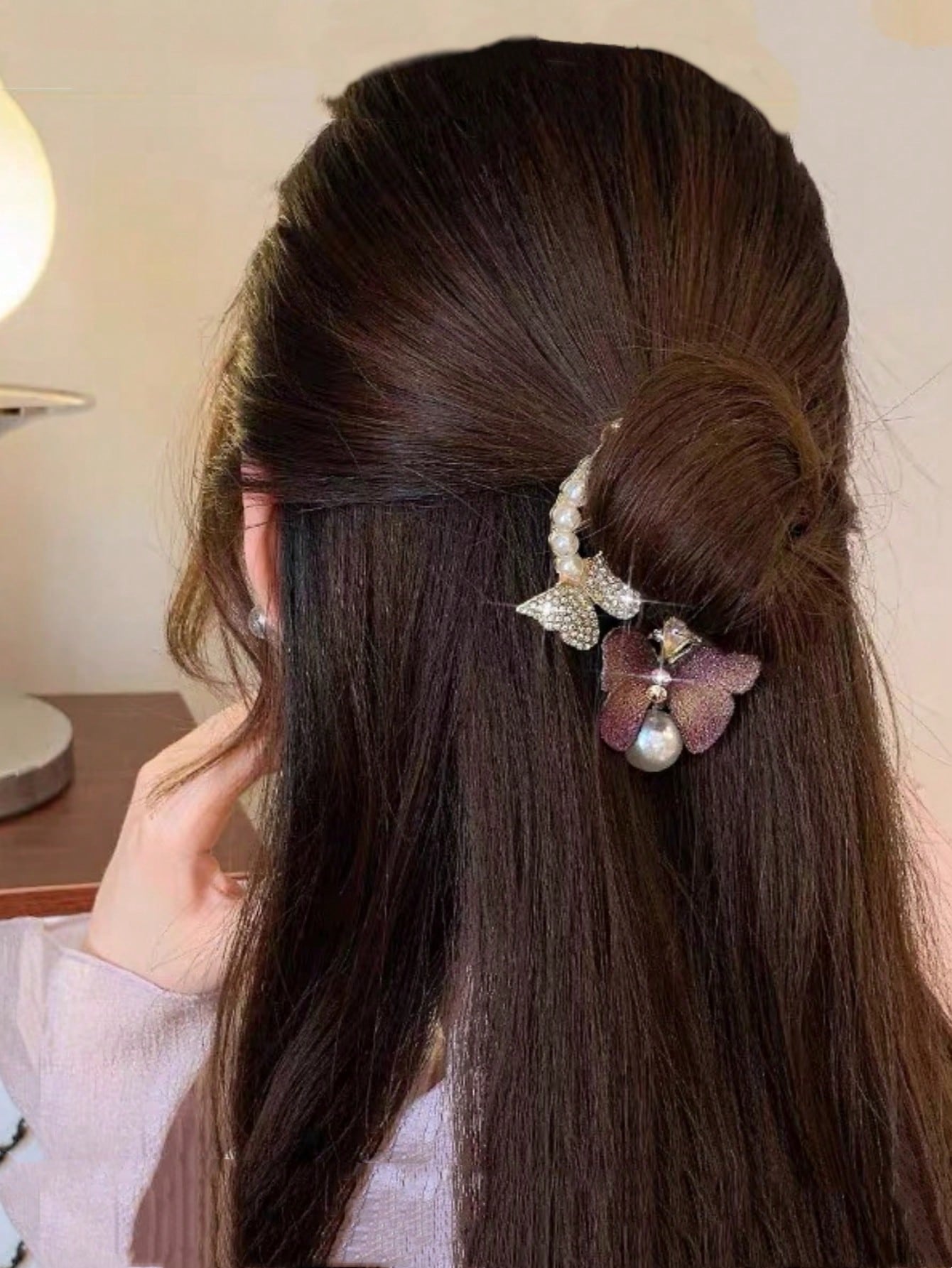 Hårklemme med Sommerfugl & Perler - i Lilla