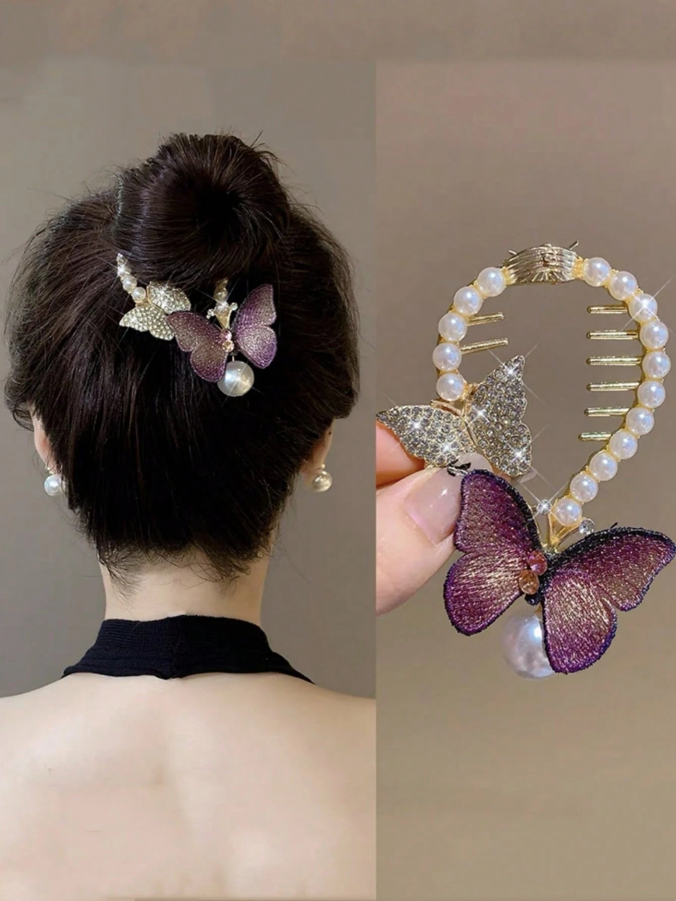 Hårklemme med Sommerfugl & Perler - i Lilla