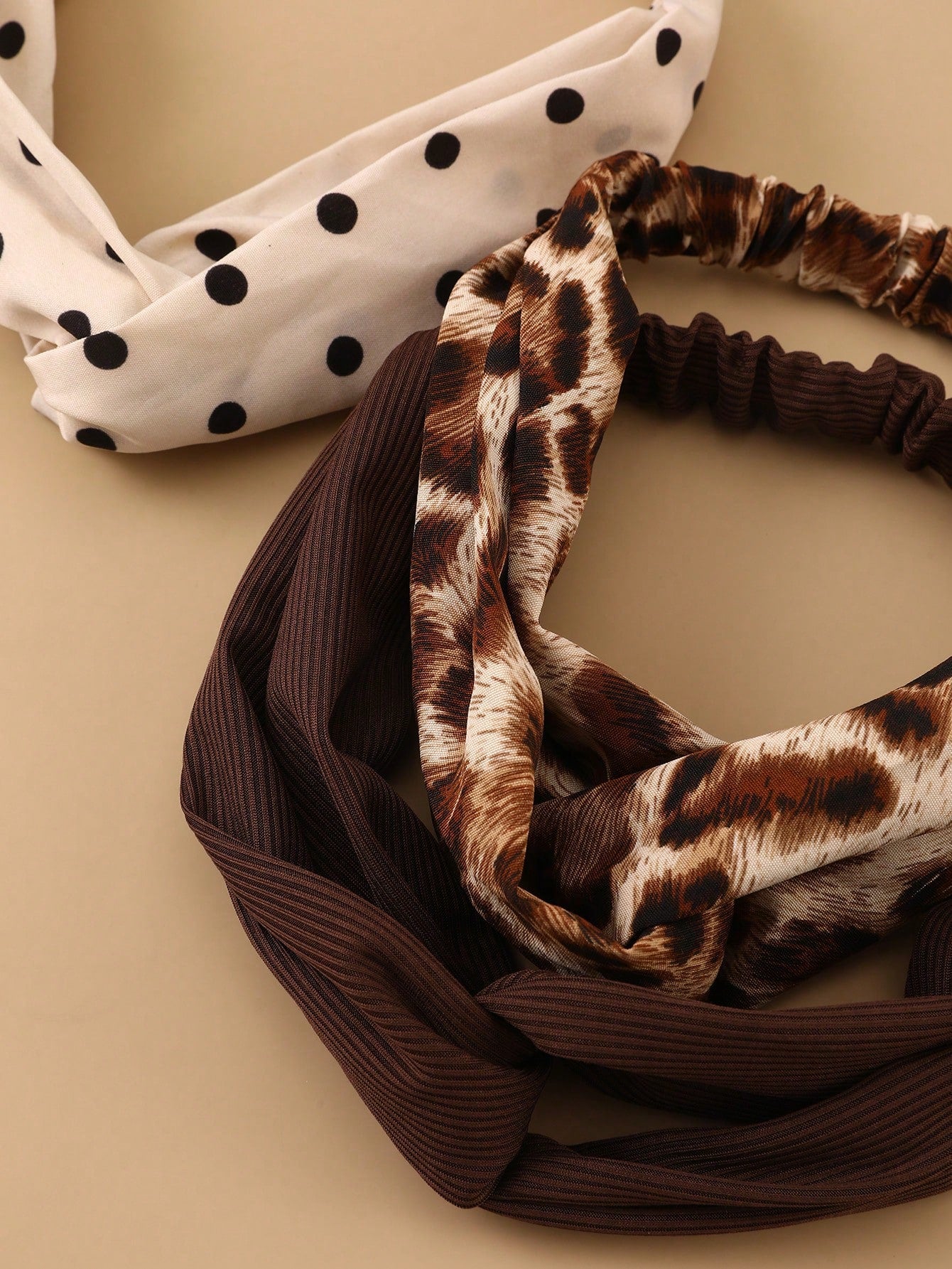 3 Hårbånd i Brune Farver - med Snoning, Dyreprint & Prikker