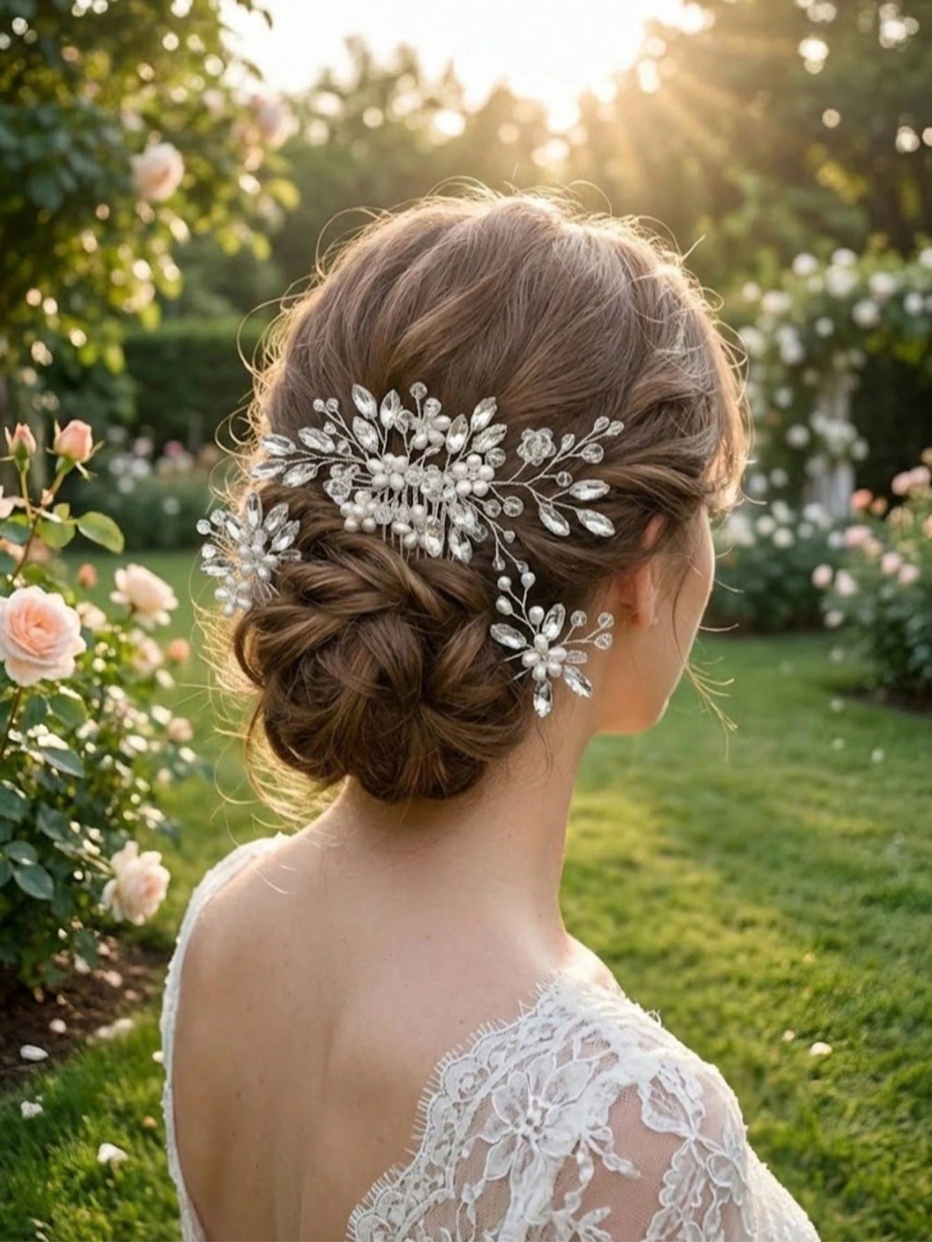 Hårsmykke & 2 Hårnåle - med Hvide Blomster Perler & Krystalperler