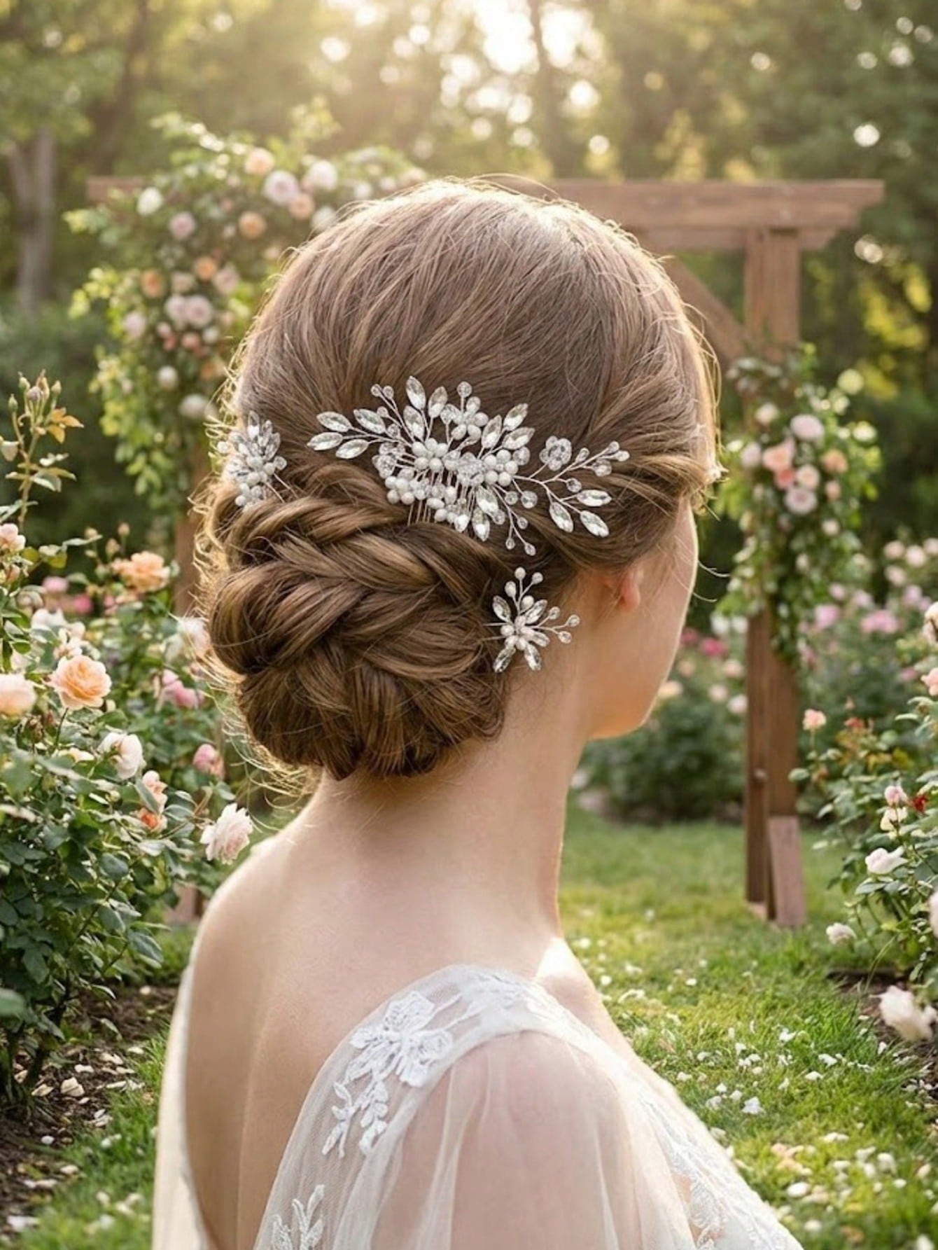 Hårsmykke & 2 Hårnåle - med Hvide Blomster Perler & Krystalperler