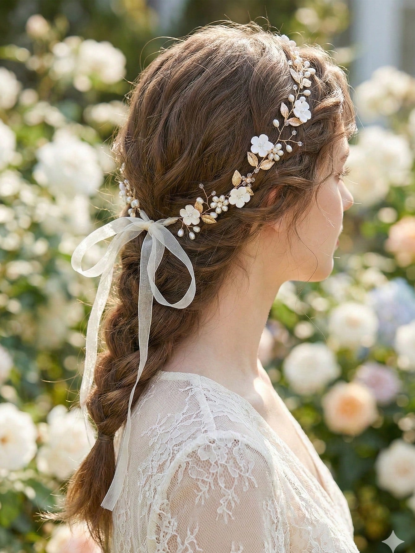 Gyldent Hårsmykke - Hårbånd (Diadem) med Blomster & Perler