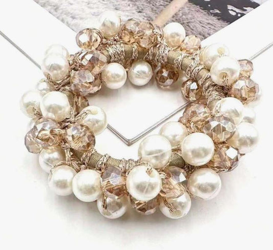 Hvid Hårelastik med Perler - Vintage