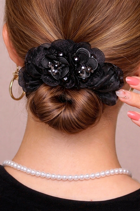 Sort Scrunchie Hårelastik med Blomster & Perler