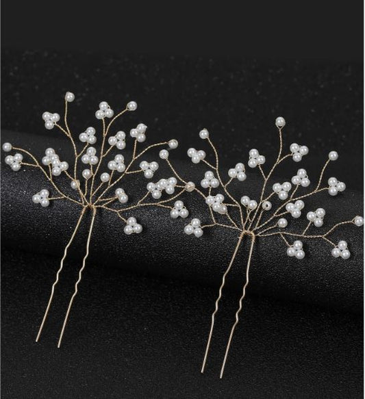 2 Pieces Hairpins with Flower, Silver Leaves and Pearls