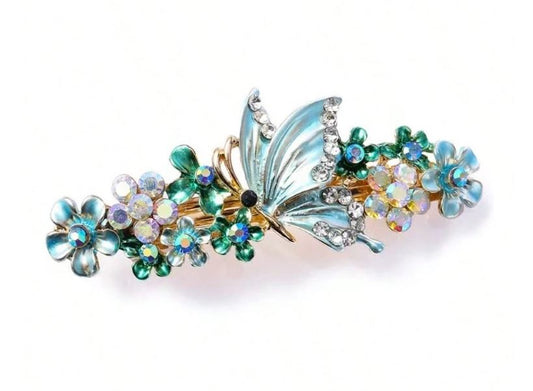 Golden Patent Hair Clip in Leaf Design - with Green Faceted Beads