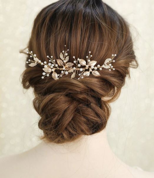 Large Golden Hair Ornament with Flower &amp; Pearls