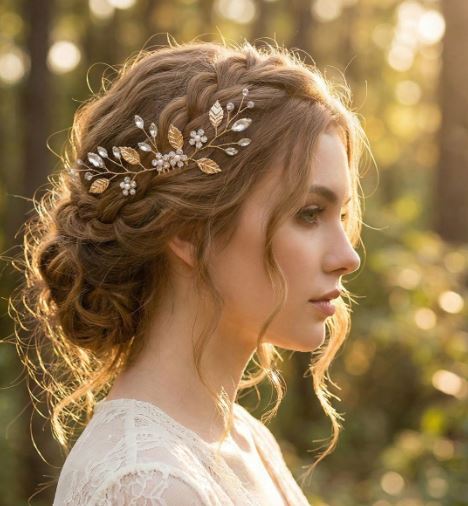 Stort Gyldent Hårsmykke med Krystal-Blomster Perler og Blade