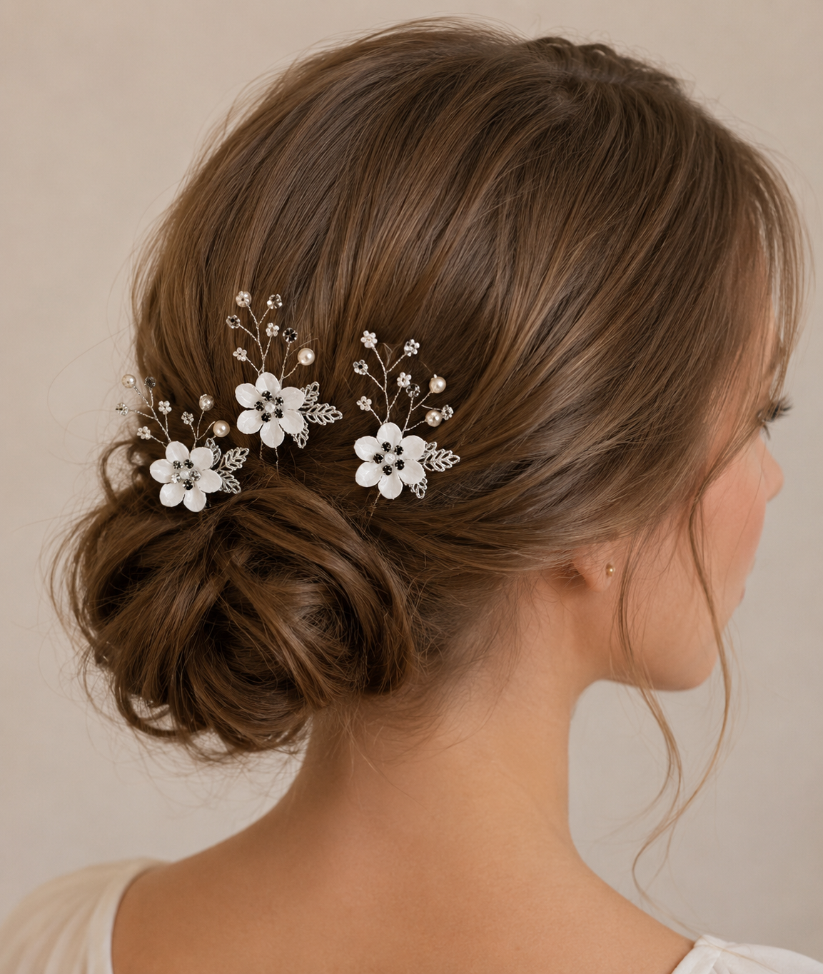 3 Silver Hairpins with White Flowers and Pearls