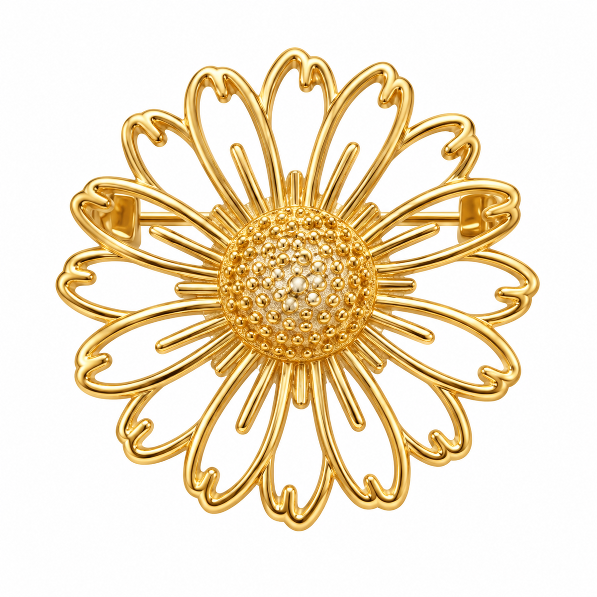 Gylden blomsterbroche i åbent margueritdesign
