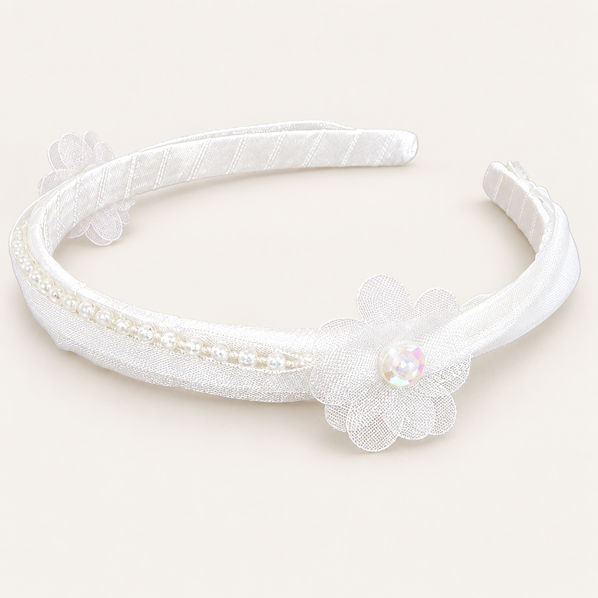 Baby Hairband - in White Satin with Flowers and Pearls