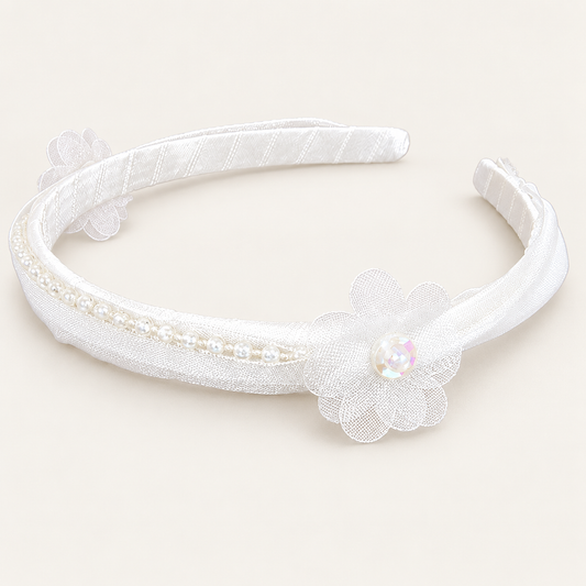 Baby Hairband - in White Satin with Flowers and Pearls