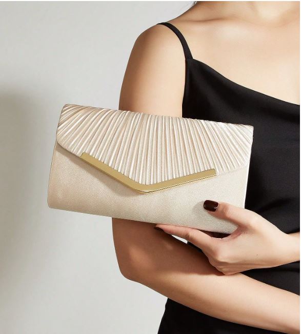 Plisseret Satin Clutch Taske i Champagne