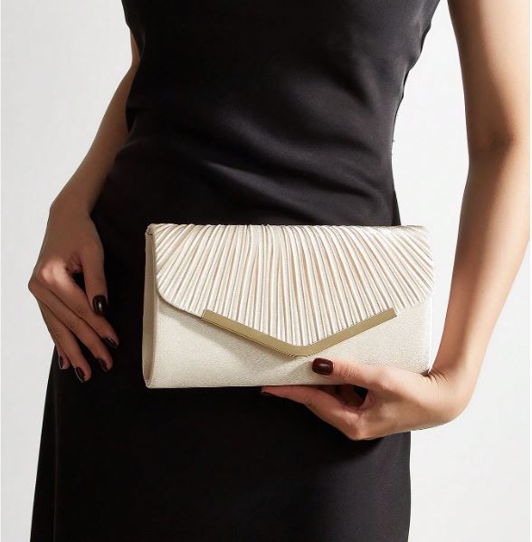 Plisseret Satin Clutch Taske i Champagne