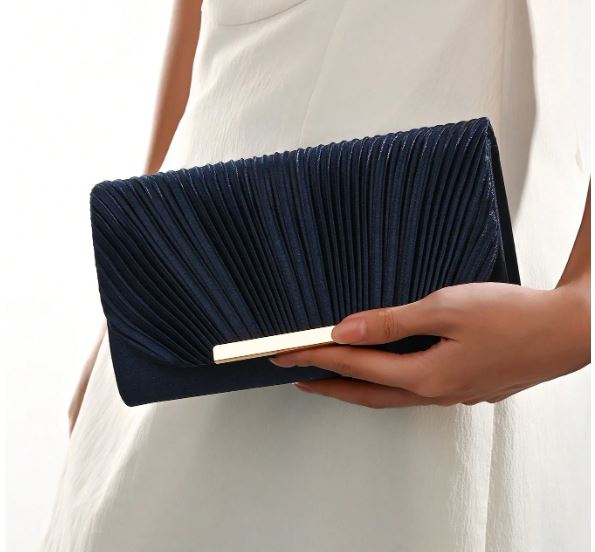 Plisseret Satin Clutch Taske i Marineblå