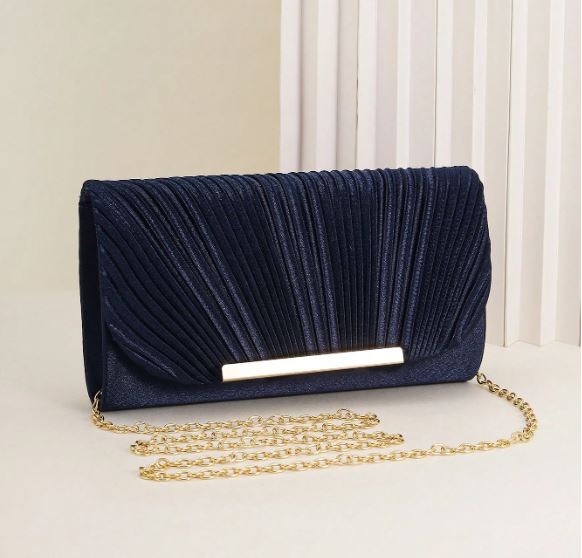Plisseret Satin Clutch Taske i Marineblå
