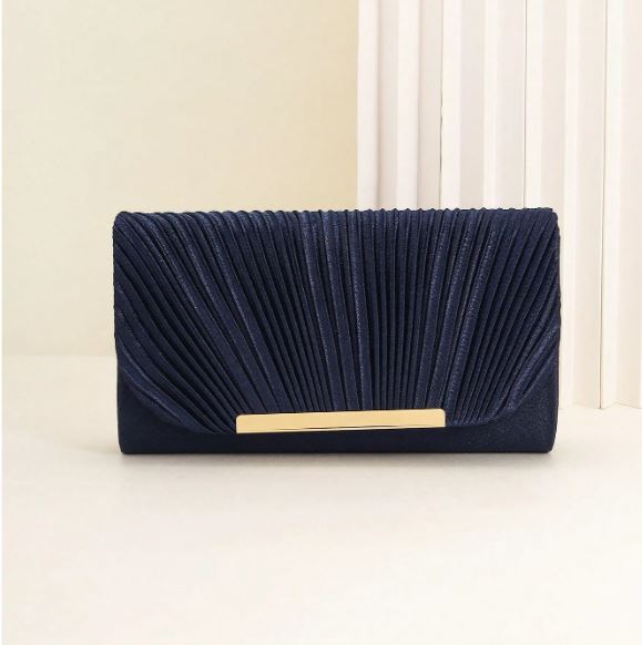 Plisseret Satin Clutch Taske i Marineblå