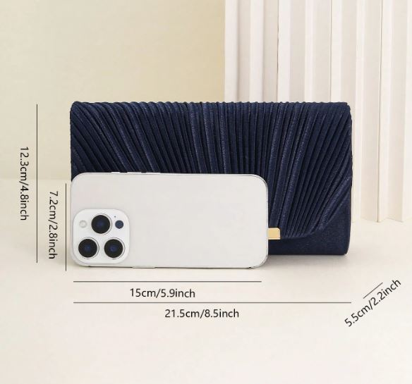 Plisseret Satin Clutch Taske i Marineblå