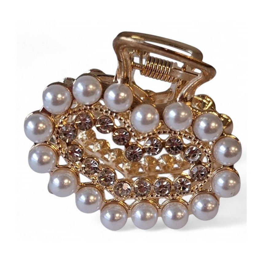 Lille Gylden Hjerte Hårklemme med Hvide og Klare Perler