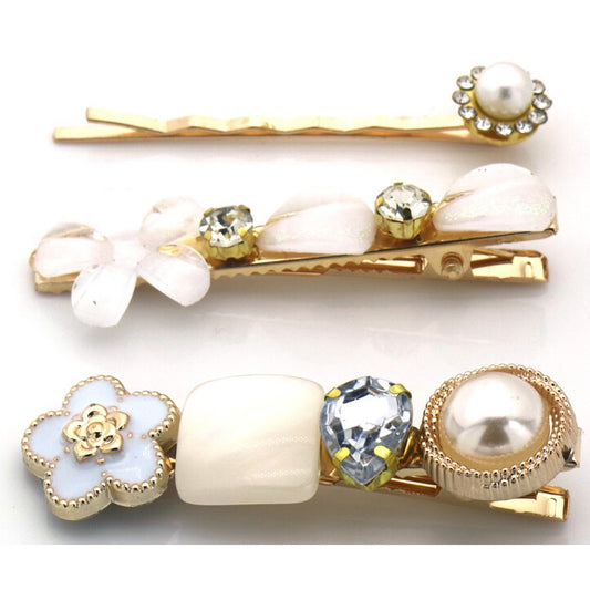 3 Gyldne Hårklemmer med Perler i Hvide Farver 