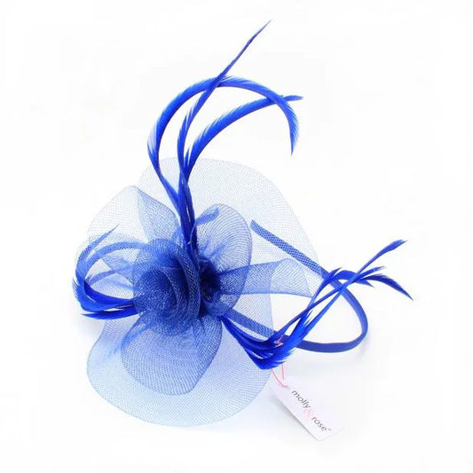 Blå Fascinator (Hat) med Blomst og Fjer