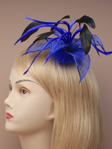 Blå Fascinator med Blomst og Fjer