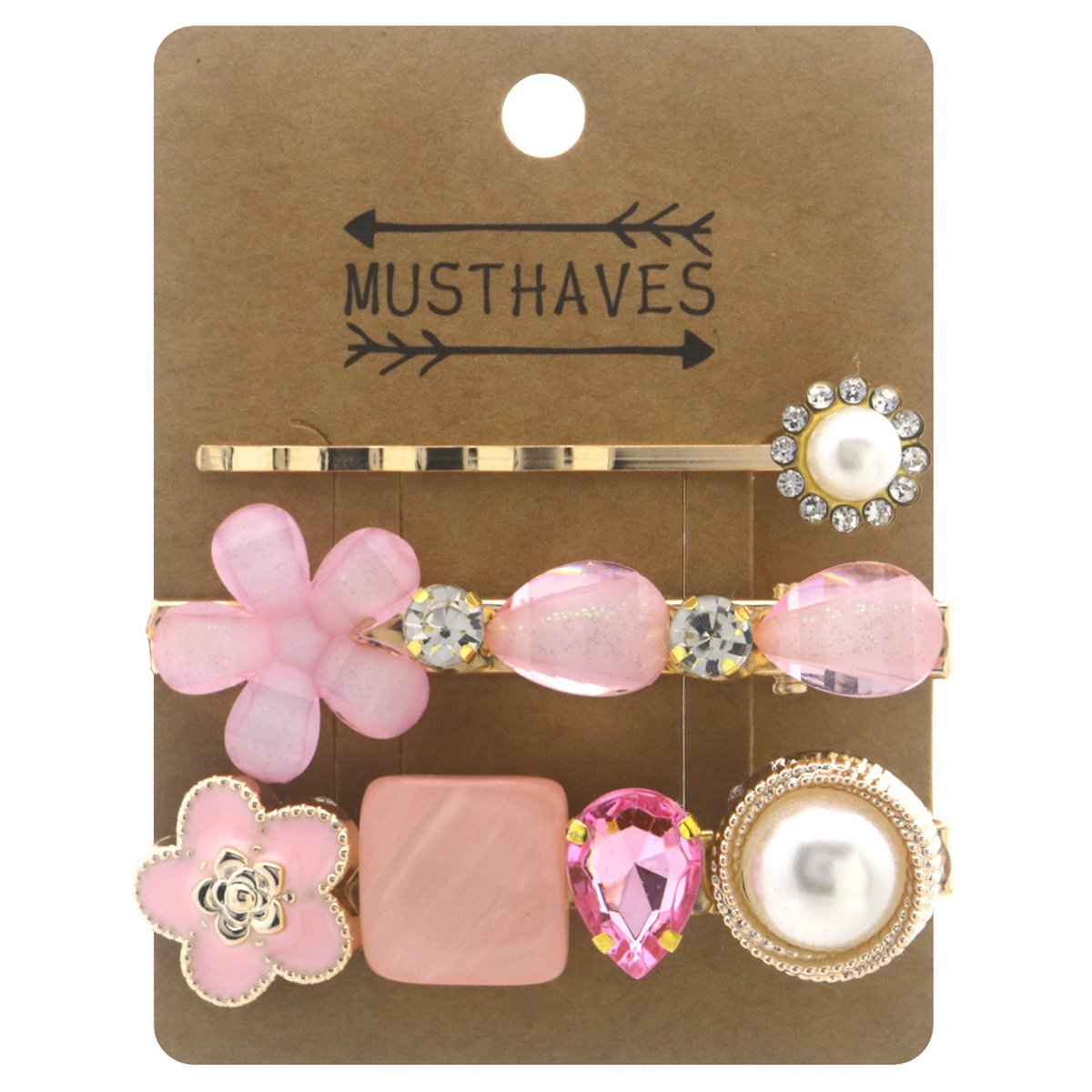 3 Gyldne Hårklemmer med Perler i Lyserøde Farver