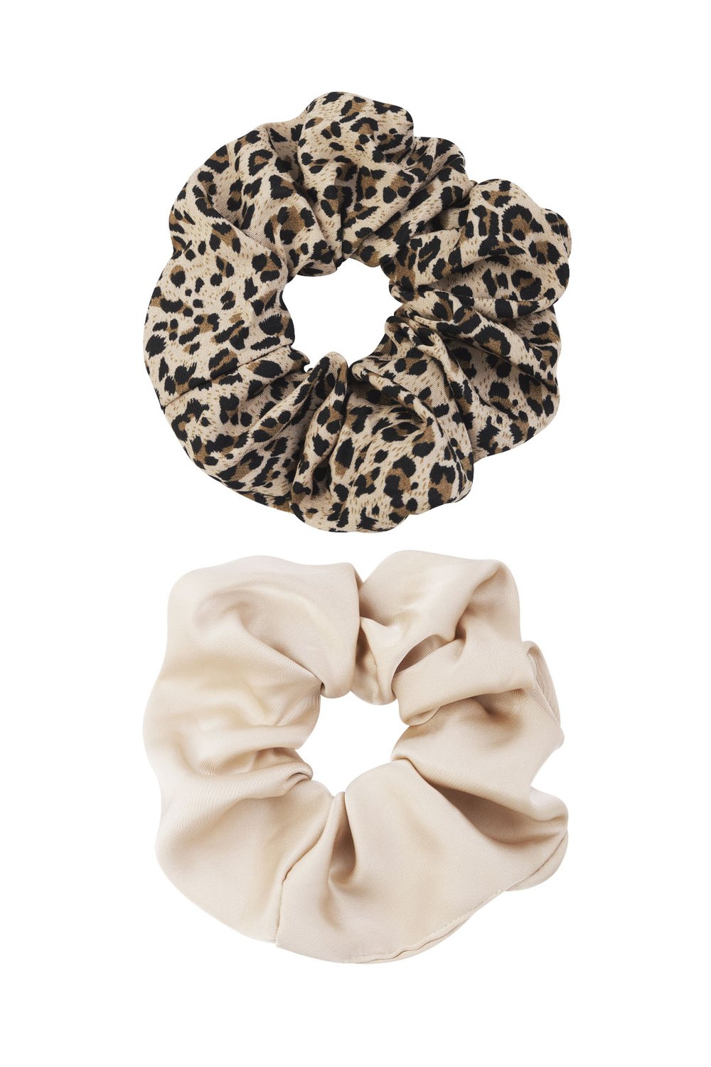 2 Store Scrunchie Hårelastikker i Beige & Leopardprint