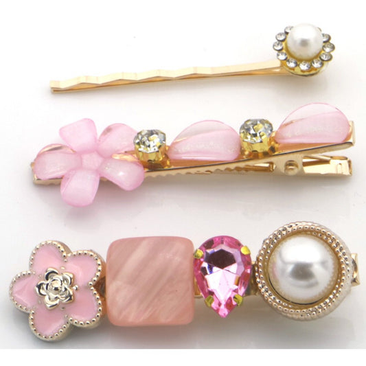 3 Gyldne Hårklemmer med Perler i Lyserøde Farver