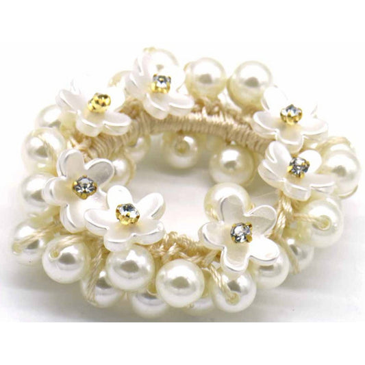 Hvid Hårelastik med Blomster & Perler